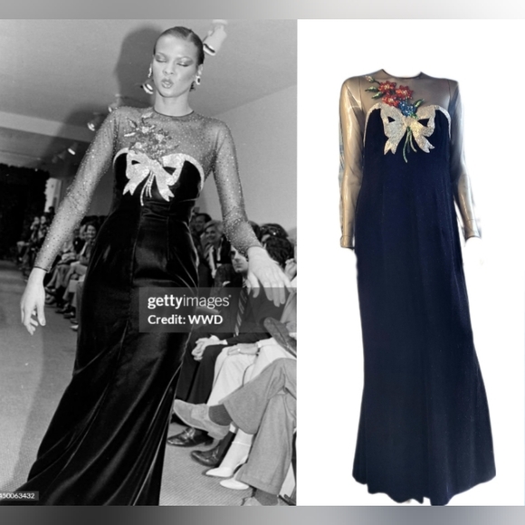 ◇$6000 OSCAR DE LA RENTA BLACK VELVET EMBROIDERED BEAD SILVERRUNWAY GOWN US M